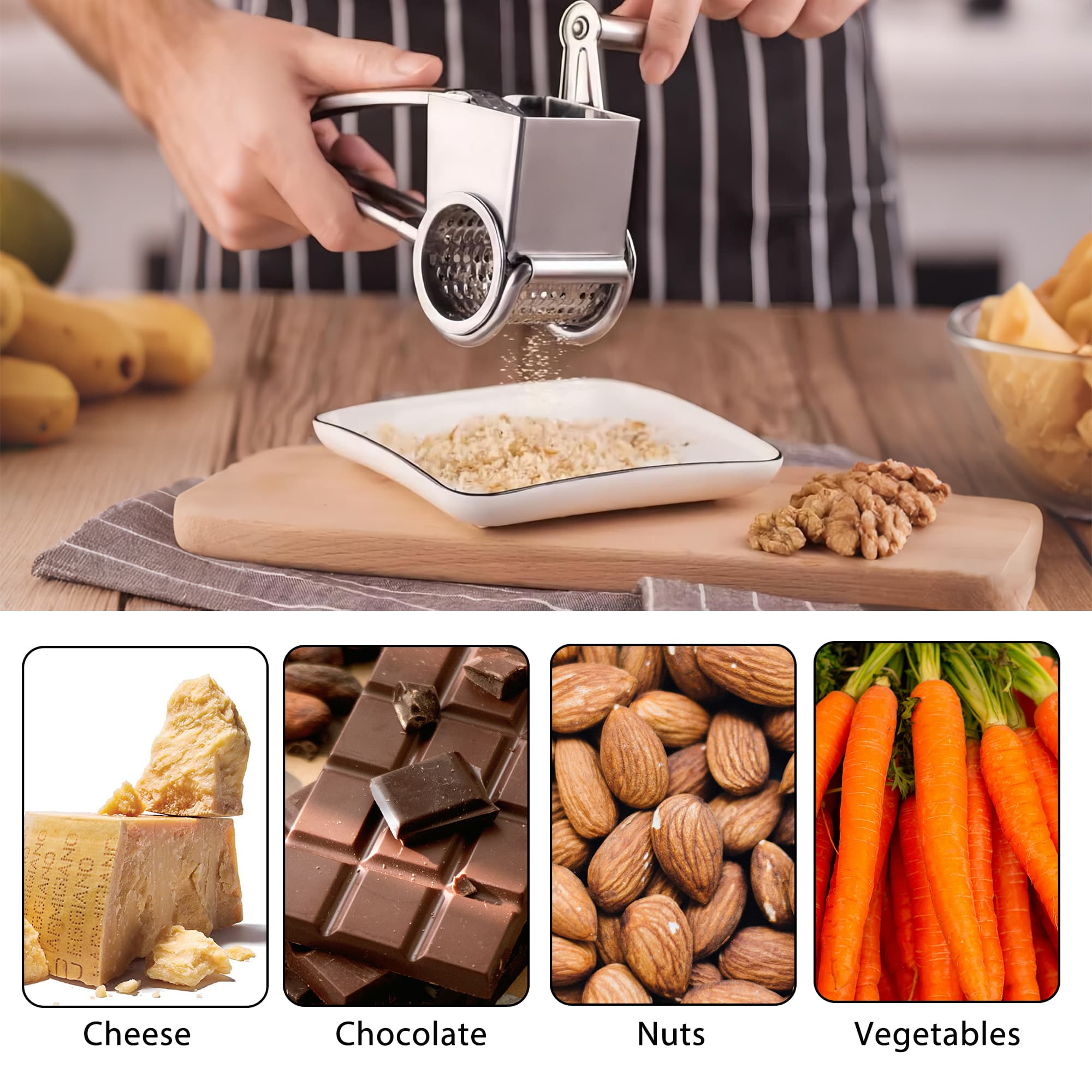 Cheese Grater, Stainless Steel Rotary Cheese Graters Shredder Handheld, Kitchen Grater for Cheese Ginger Vegetables - 4