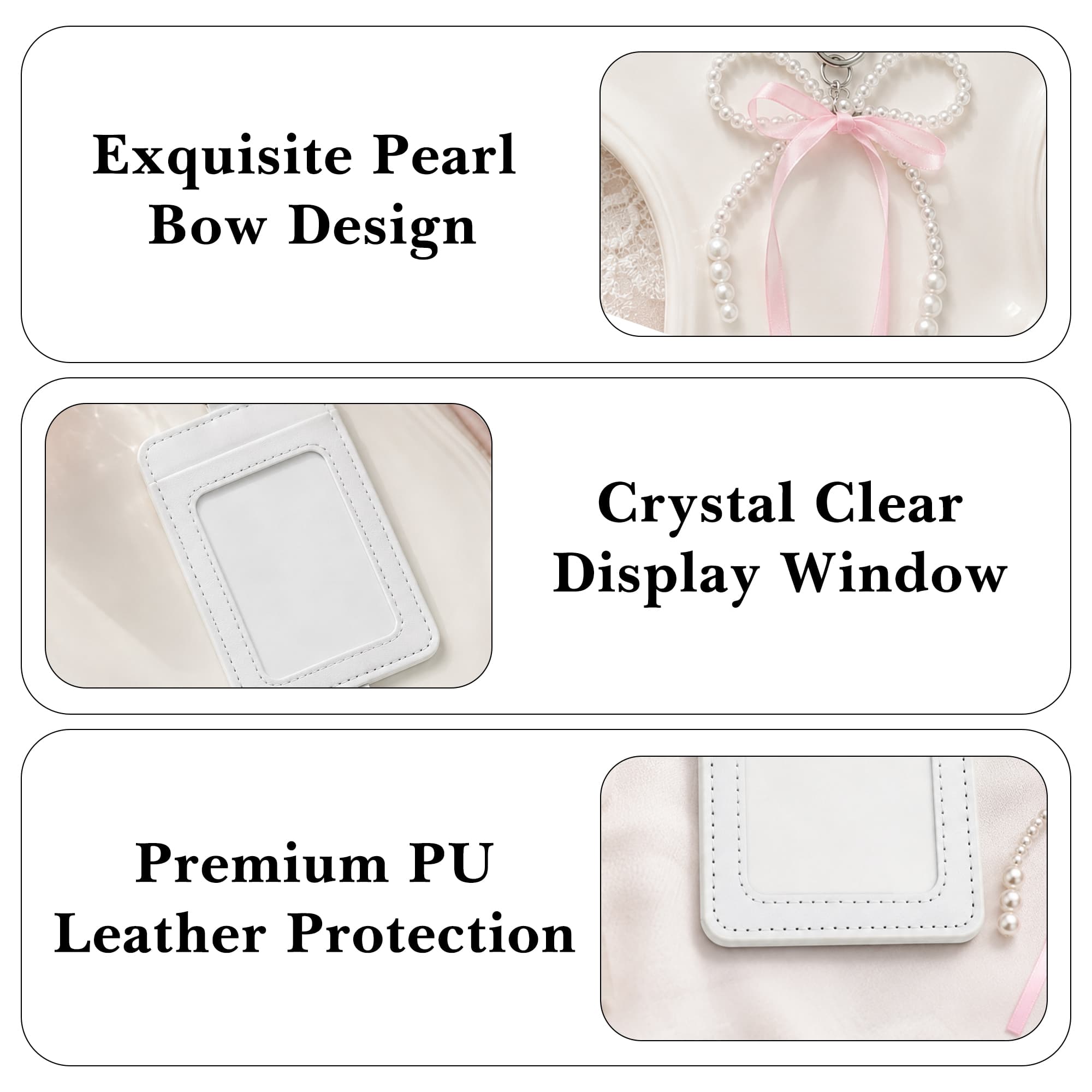 ReignSword 2-Pack Photocard Holder with Pearl Bow, Vegan Leather Cute Badge Holders, Transparent Photo Card Display Case for Bus Bank ID Cards (4.3" x 2.8", Black & White) - 3