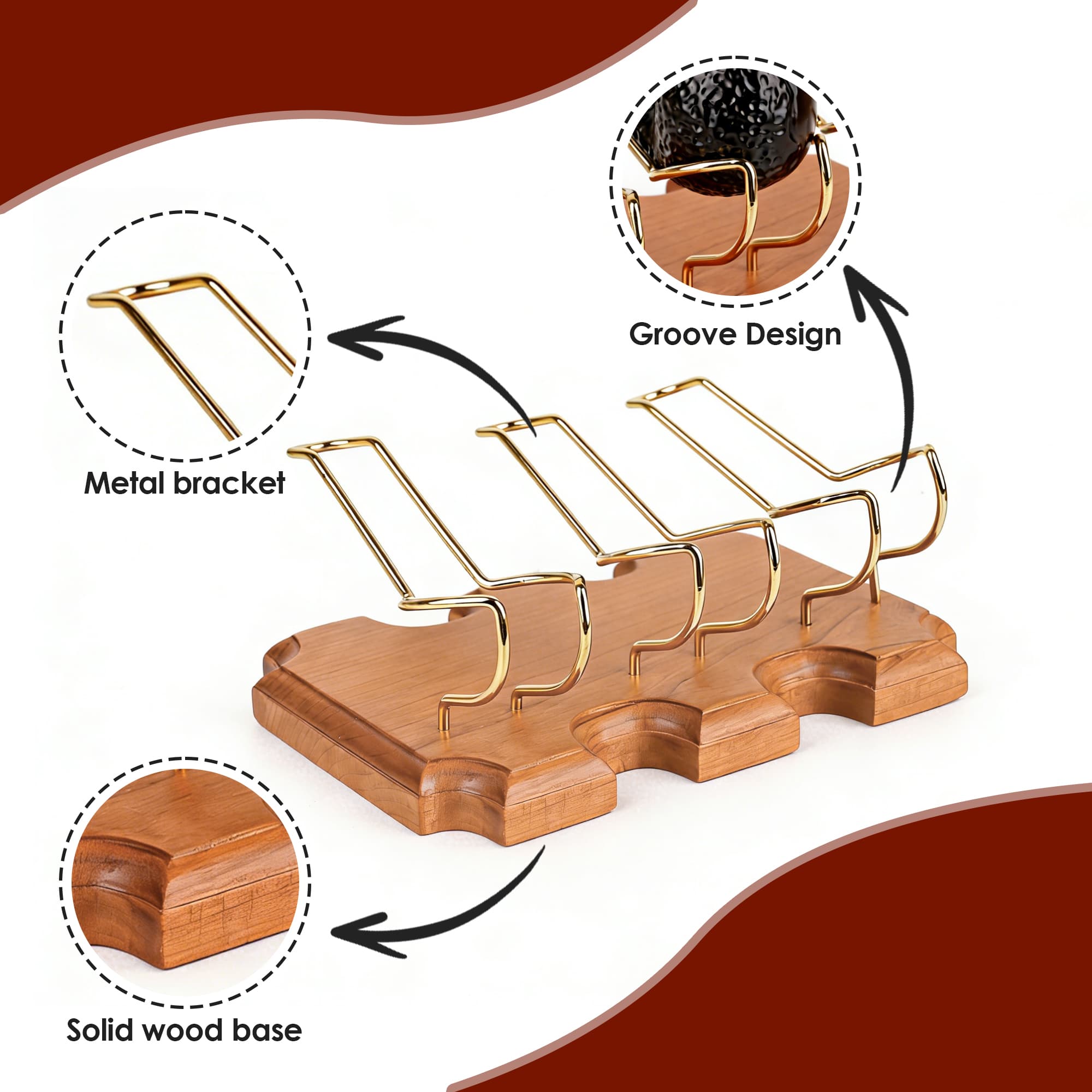 ReignSword Wooden Tobacco Pipe Stand Holder with 3 Display Metal Slots, Family Home Pipe Accessories for Tobacco - 2