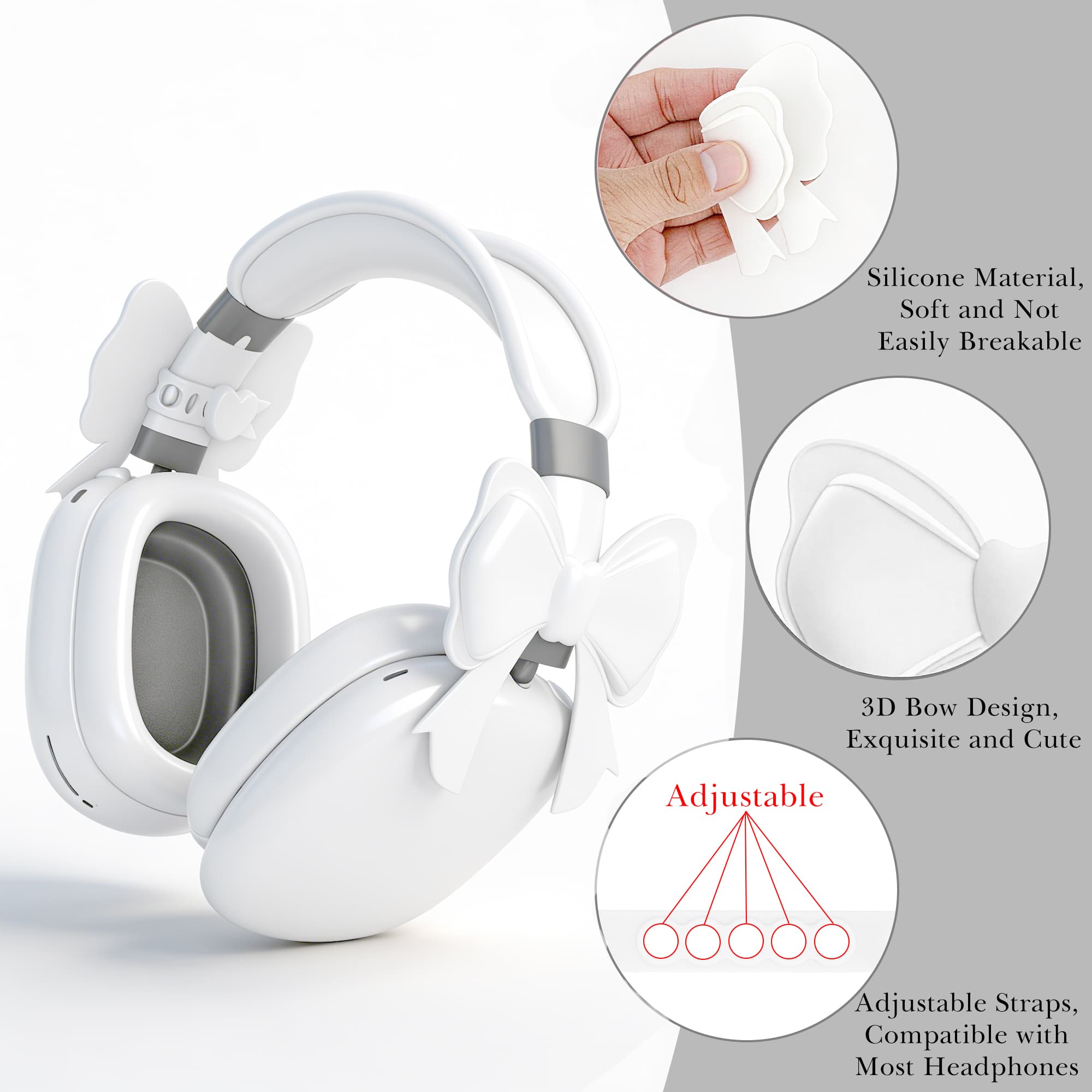 ReignSword 2 Pack Cute Silicone Bow Headphone Decorations, Adjustable Headphone Charms Accessories for Most Headphones, Fun Gift for Women & Gamers (White) - 3