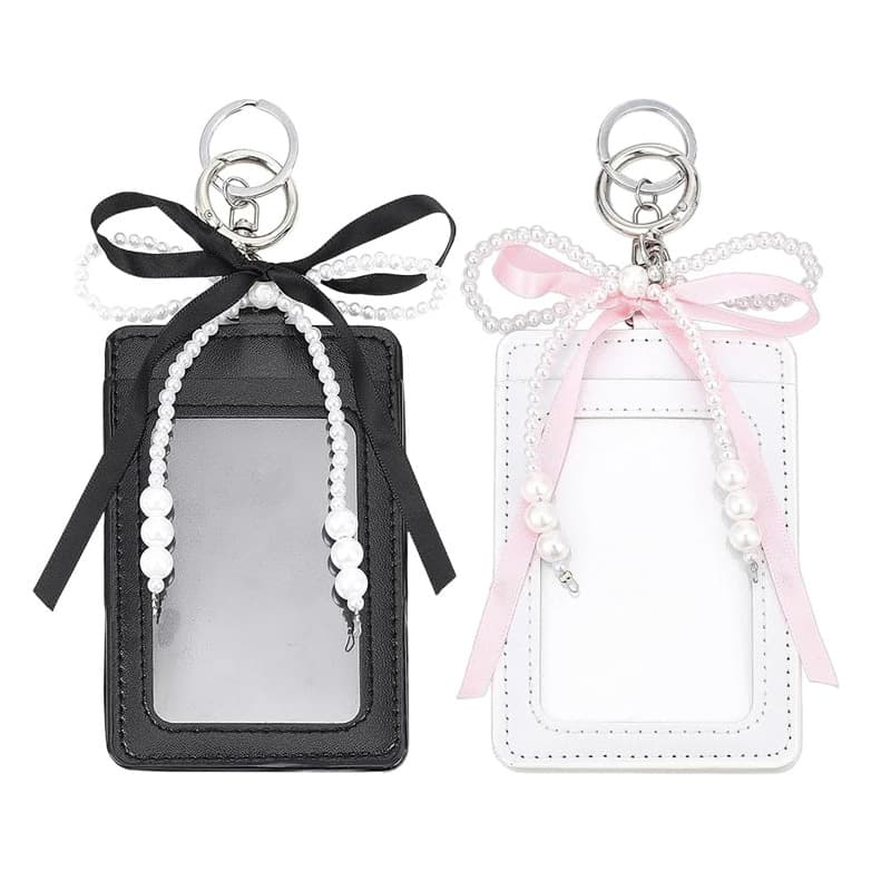 ReignSword 2-Pack Photocard Holder with Pearl Bow, Vegan Leather Cute Badge Holders, Transparent Photo Card Display Case for Bus Bank ID Cards (4.3" x 2.8", Black & White)