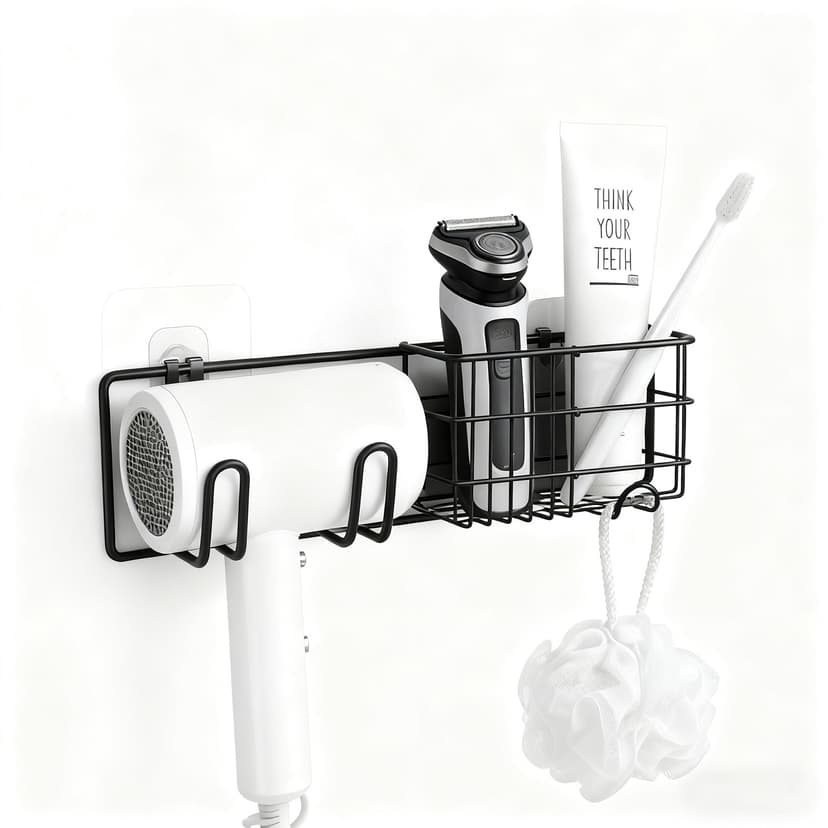 ReignSword Blow Dryer Holder Wall Mounted, Adhesive Hair Dryer Holder for Bathroom Vanity, Bathroom Storage Organizer for Comb, Shaver, Face Wash, Toothpaste (Black)