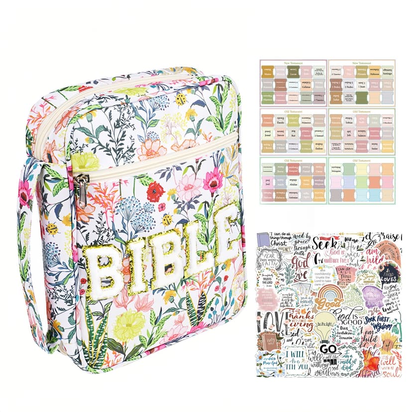 ReignSword Bible Cover Case for Women with No Bleed Sticky Tabs, Bible Tabs, Bible Carrying Bag Case with Handle for Study Supplies Accessories (White Floral)