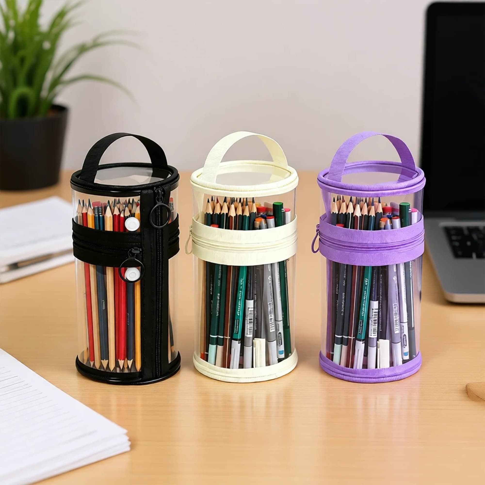 ReignSword Clear Pencil Case, PVC Cylindrical Pen Bag, Multifunction Zipper Pouch for Makeup, Transparent Handheld Bag for Adults/Office (Purple) - 5