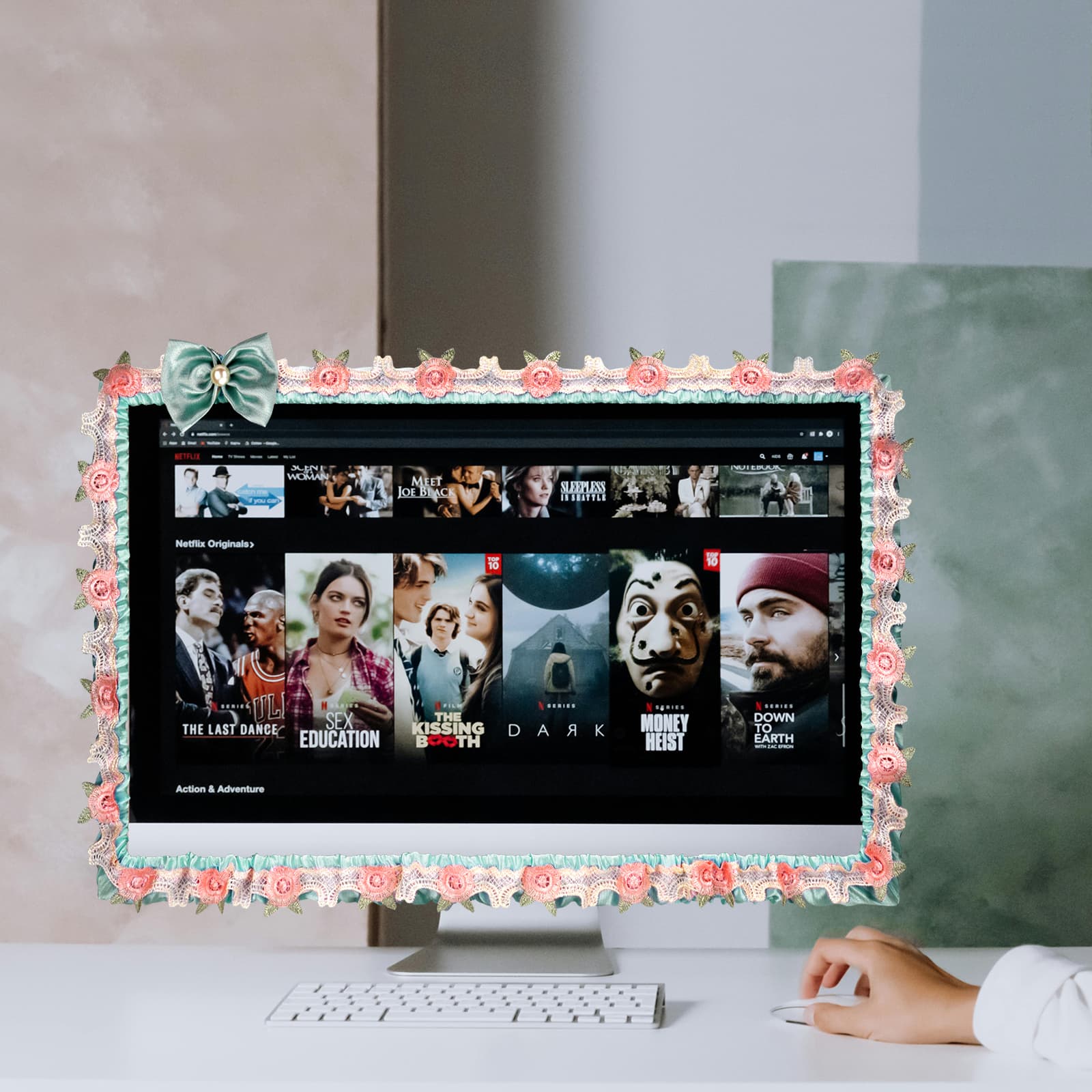 ReignSword 2 Pcs 27''-30'' Cute Computer Monitor Cover with Bow Tie, Lovely Computer Accessories with Lace Design, Monitor Dust Cover Protector (Blue) - 3