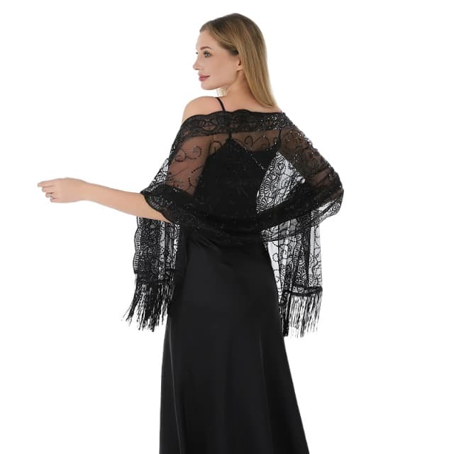 ReignSword Women Sheer Shawls with Floral Sequin Design for Evening Dresses, Elegant Wedding Bridal Lace Scarf, Formal Party Dress Cover with Tassels (Black)