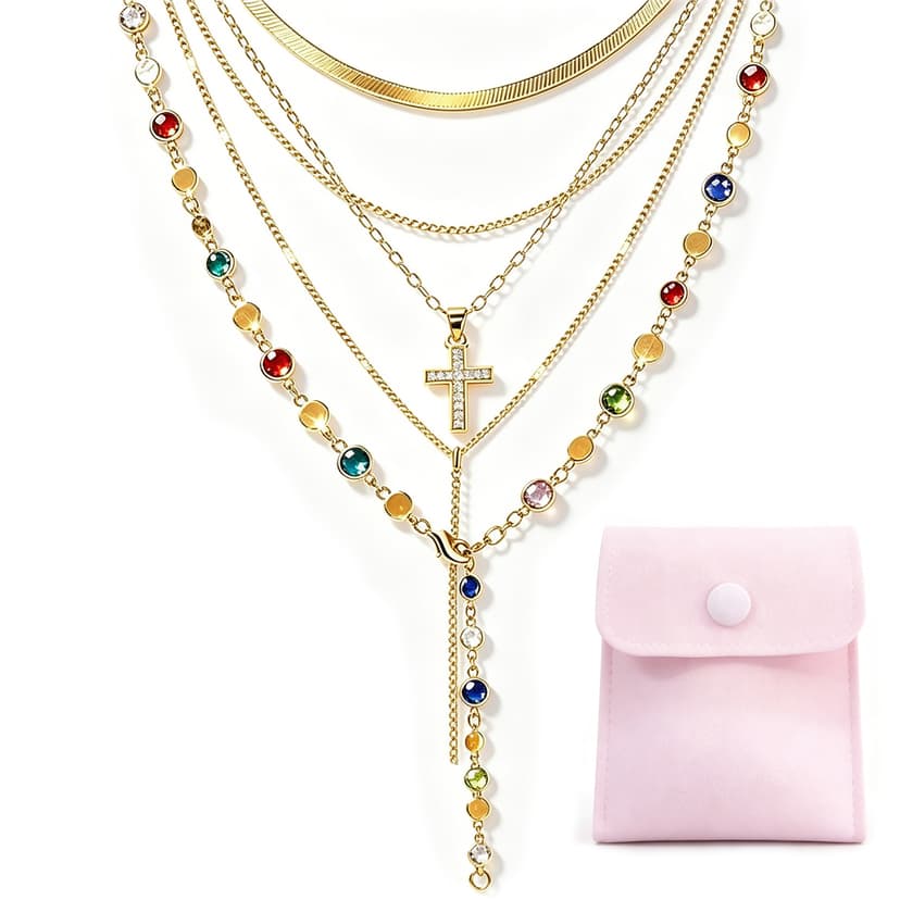 ReignSword Golden Zinc Alloy Cross Necklace, Y-Shaped Bohemian Layered Necklaces for Women, Adjustable Long Jewelry with Pink Velvet Storage Pouch