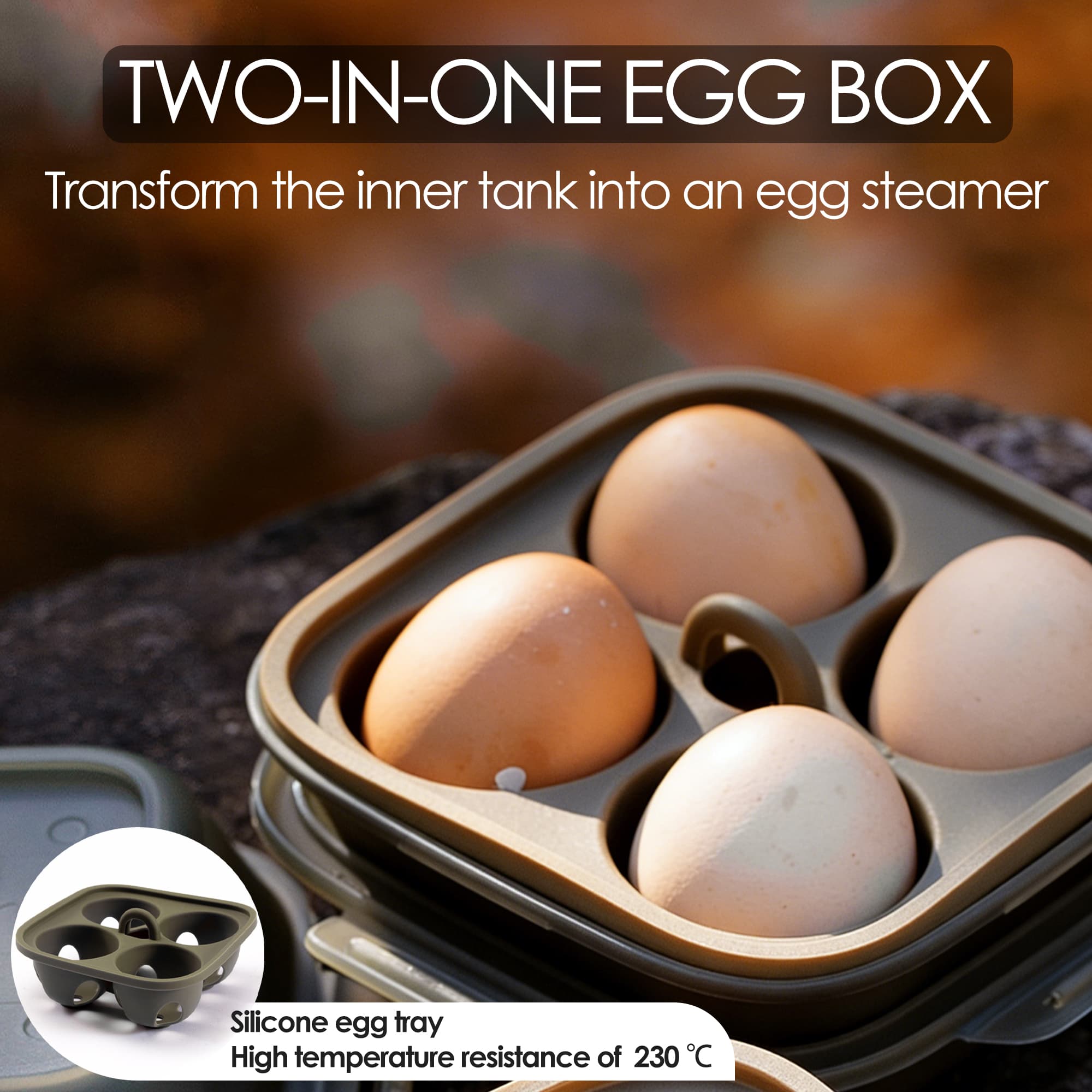 ReignSword 2-in-1 Camping Egg Holder, Portable 4 Grid Egg Storage Box with Built-in Silicone Steamer & Outdoor Hook, Shockproof Egg Container for Camping, Picnic, Travel (Military Green) - 5