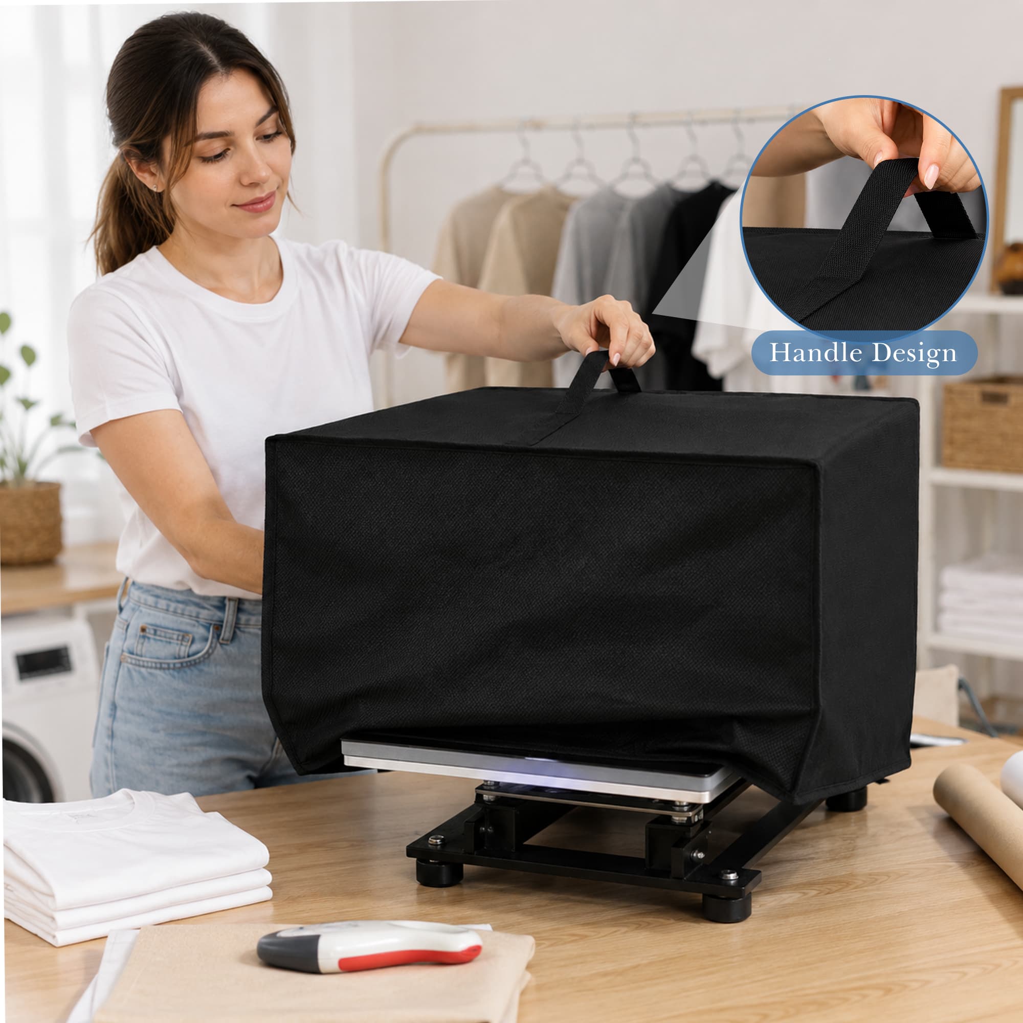 ReignSword Heat Press Dust Cover Compatible with HTVRONT 15" x 15" Machine, 420D Oxford Fabric Waterproof Protective Sleeve with Top Handle (Black, 19.3" x 15.8" x 11.8") - 5