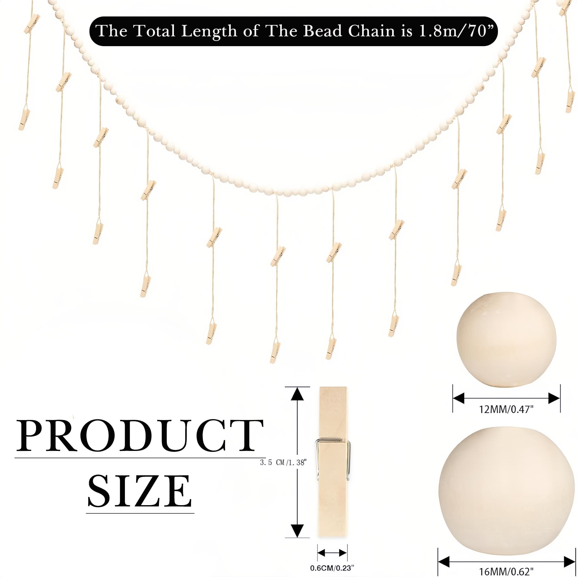 ReignSword Hanging Photo Display Stand Wall Decor with 36 Clips, Wooden Beads Display Holder for Bedroom or Office, Boho Style Photo Card Holder for Wall - 1