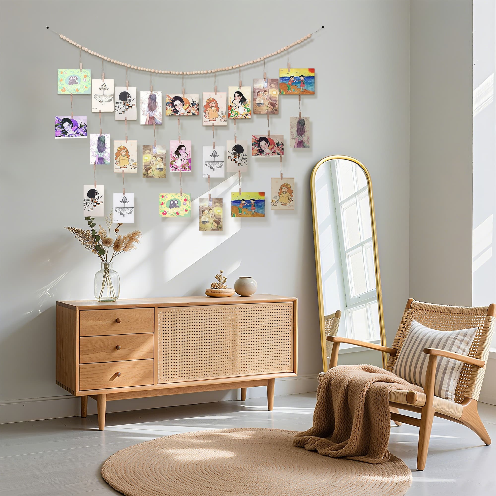 ReignSword Hanging Photo Display Stand Wall Decor with 36 Clips, Wooden Beads Display Holder for Bedroom or Office, Boho Style Photo Card Holder for Wall - 2