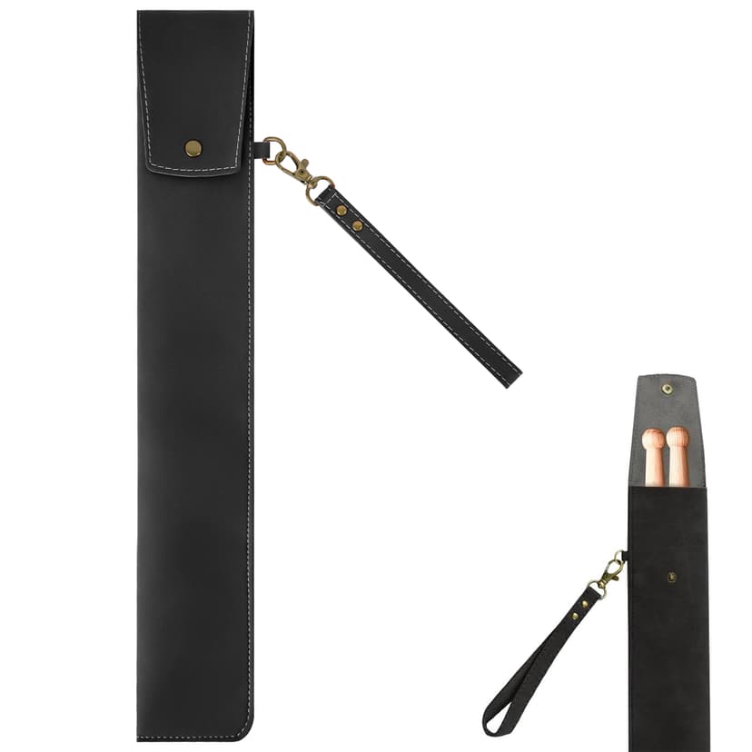 ReignSword PU Vegan Leather Drumstick Bag, Portable Drum Stick Holder with Button Stud Closure, Vintage Storage Case for Drummers Musicians Percussion Mallets (Black, 1Pair Capacity)