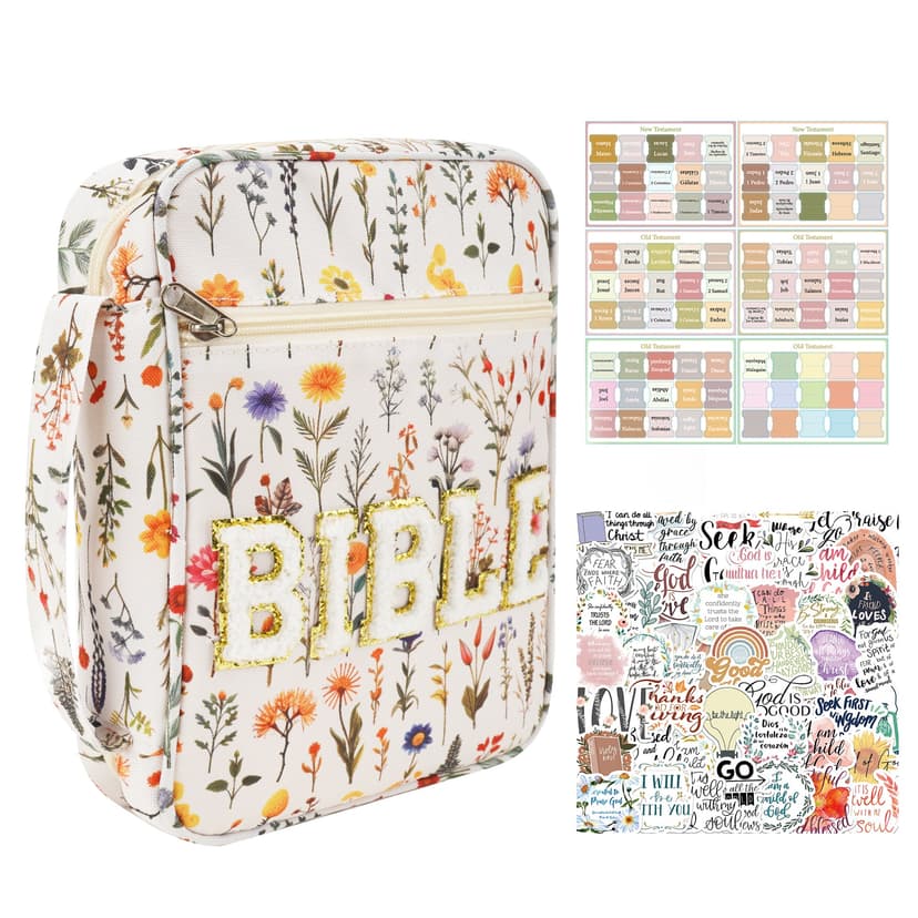 ReignSword Bible Cover Case for Women with No Bleed Sticky Tabs, Bible Tabs, Bible Carrying Bag Case with Handle for Study Supplies Accessories (White Flower)