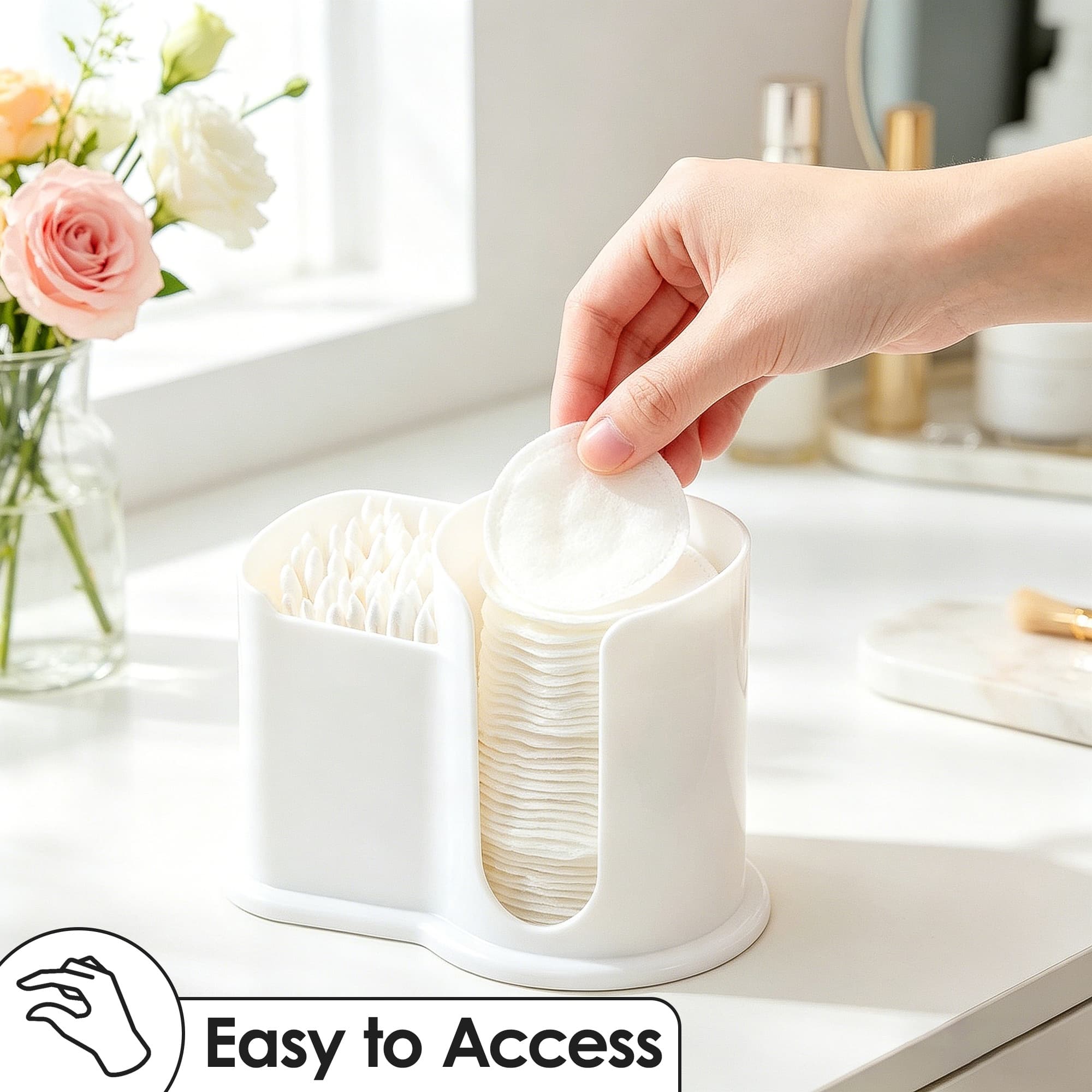 ReignSword Cotton Pad Holder with Lid, 2 Compartment Qtip and Cotton Ball Dispenser, Clear Bathroom Countertop Storage Container for Makeup Remover Pads, Toothpicks, Vanity Organizer (White) - 7