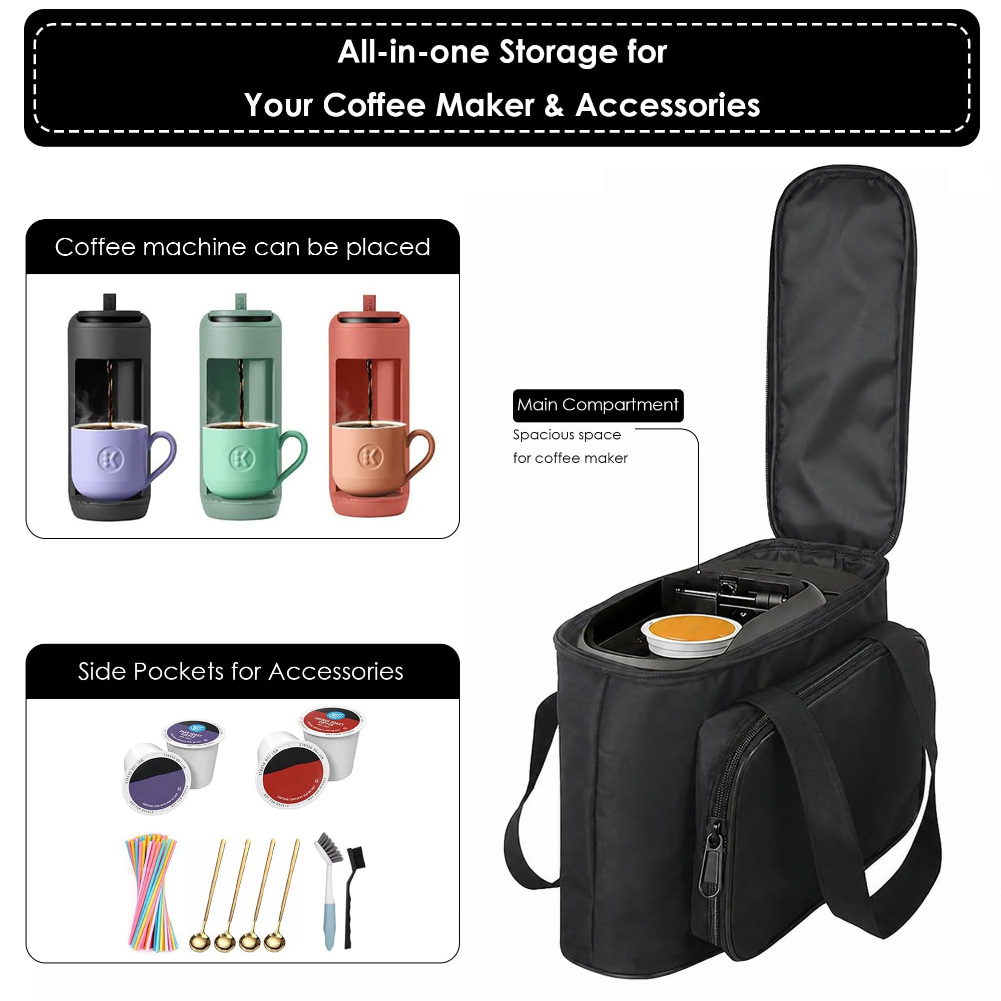Carrying Bag Compatible with Keurig K-Mini Mate Coffee Maker, Portable Coffee Machine Travel Case, Oxford Cloth Storage Tote with Padded Protection and Pocket for Accessories (Black) - 3