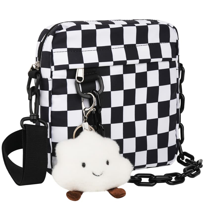 ReignSword Small Crossbody Messenger Bag for Women Men, Cute Nylon Shoulder Purse Bag with Detachable White Cloud Pendant, Checkered