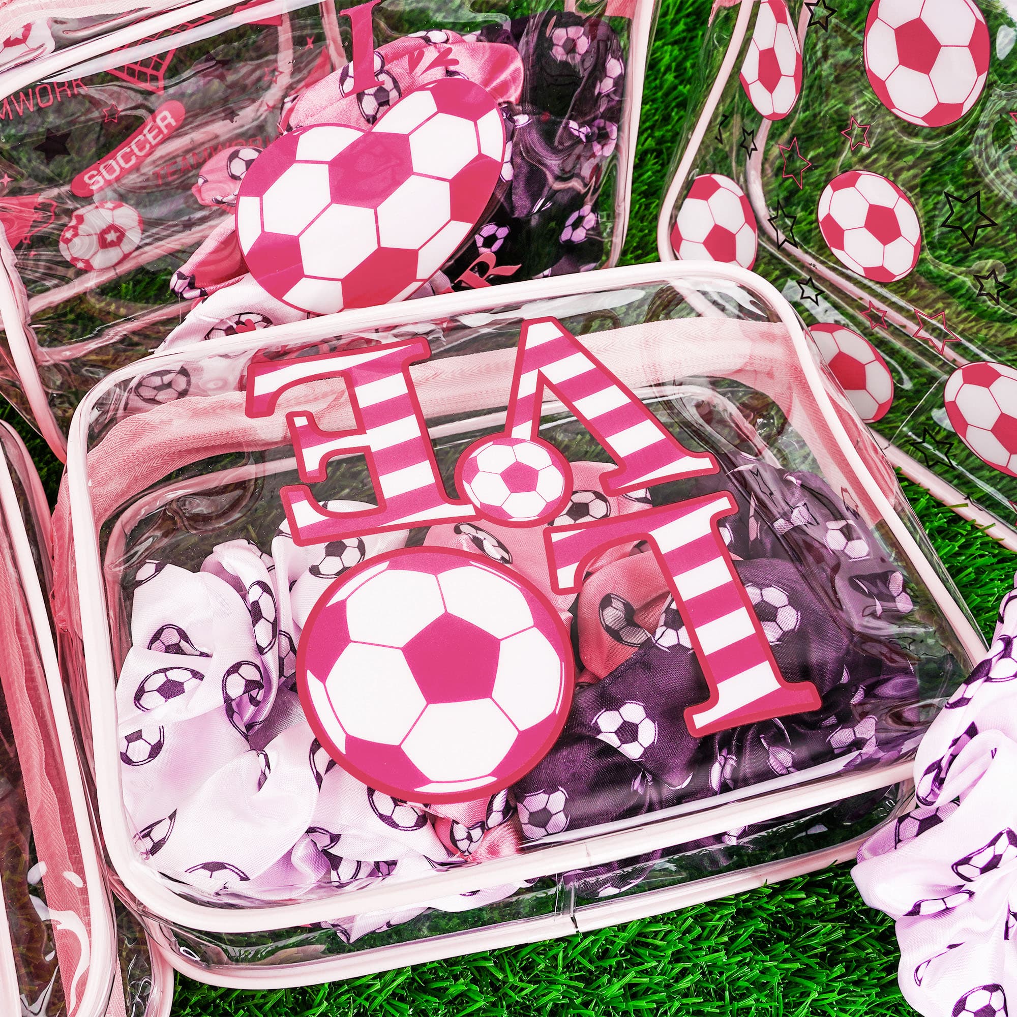 ReignSword 24 Pack Soccer Team Gifts for Girls, 12 Pink Clear PVC Soccer Cosmetic Bags, 12 Sport Hair Scrunchies for Sports Team Accessories Coach Soccer Party Supplies - 5