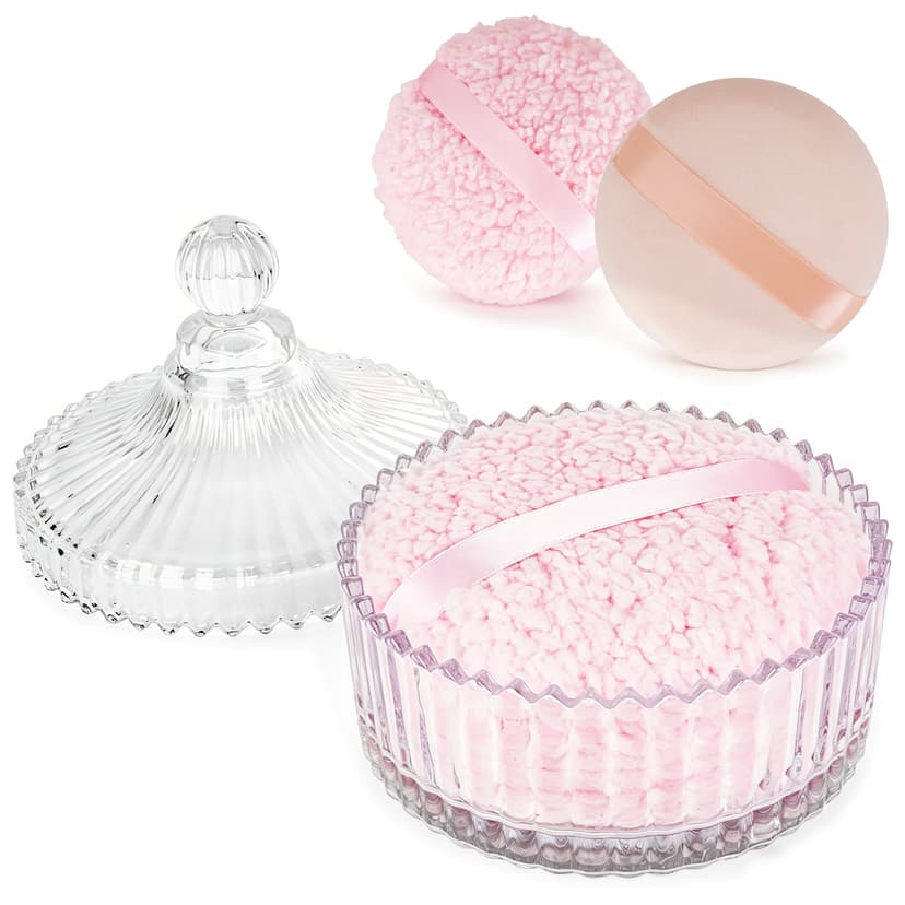 ReignSword Glass Body Powder Container with Dusting Lid, 5.4 Inch Refillable Cosmetic Powders Case with 2 Washable Makeup Puffs for Loose Powder, Vanity Bathroom Storage