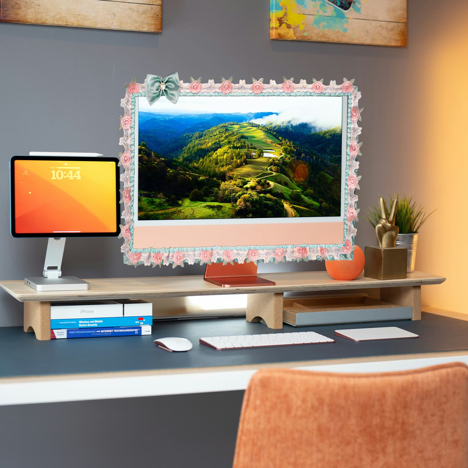 ReignSword 2 Pcs 17''-22'' Cute Computer Monitor Cover with Bow Tie, Lovely Computer Accessories with Lace Design, Monitor Dust Cover Protector (Blue) - 5
