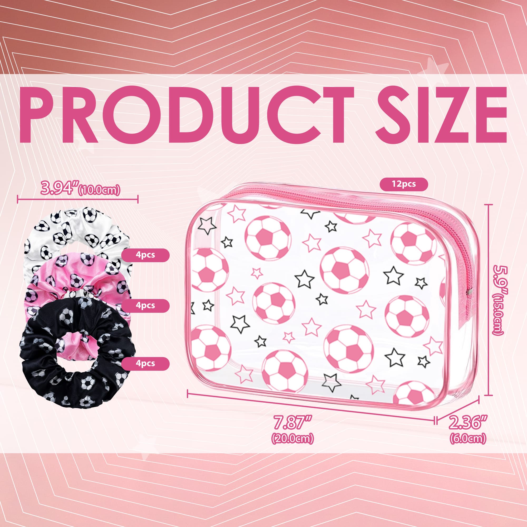 ReignSword 24 Pack Soccer Team Gifts for Girls, 12 Pink Clear PVC Soccer Cosmetic Bags, 12 Sport Hair Scrunchies for Sports Team Accessories Coach Soccer Party Supplies - 1