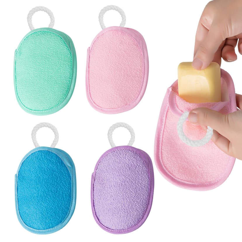 ReignSword 4 Pcs Exfoliating Bath Soap Saver Bags, Double-Sided Body Scrubber Sponge, Bar Soap Holder & Shower Cleaner for Women Men (Multicolor)