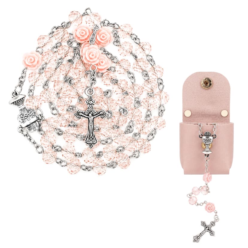 ReignSword Pink Crystal & Rose Rosary Necklace, with Mini PU Keychain Pouch, Portable Catholic Cross Rosary, Prayer Beads, Baptism & Religious Gifts for Women
