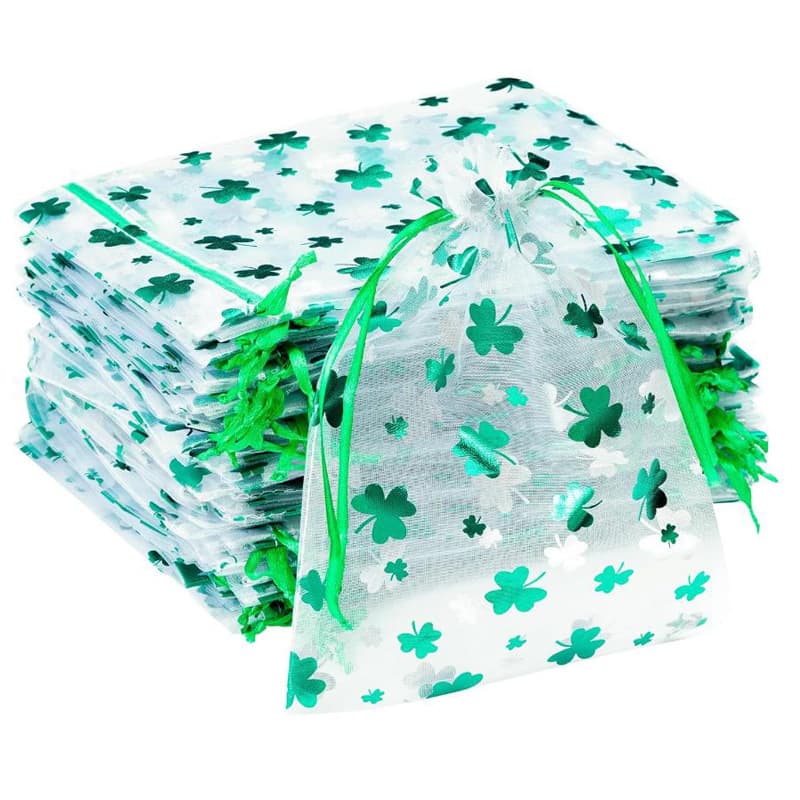 ReignSword 50 Pcs St. Patrick's Day Organza Gift Bags, Shamrock Clover Green Drawstring Mesh Treat Pouches, Goodie Bag for Party Favors, Candy, Jewelry (6 x 4 Inch)