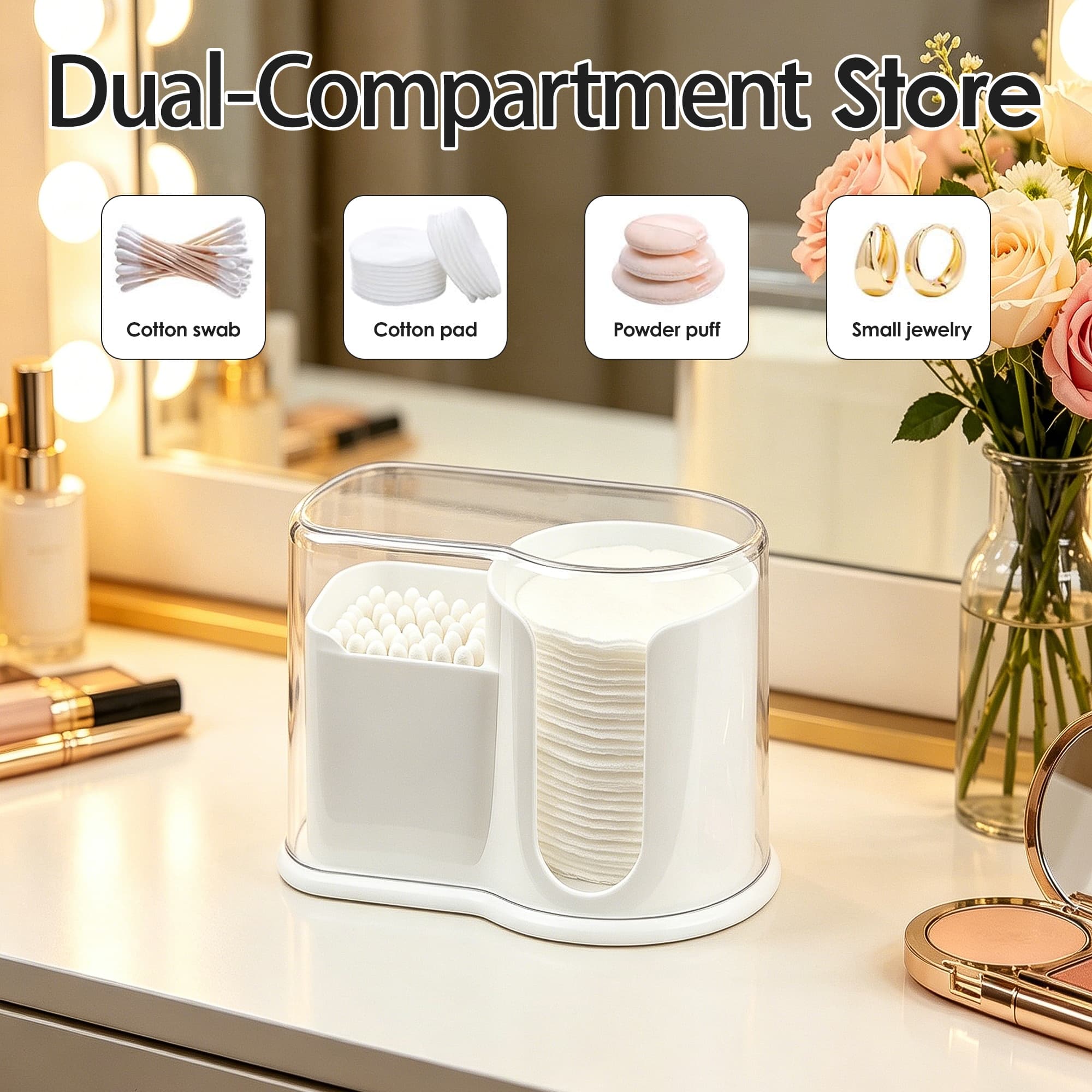 ReignSword Cotton Pad Holder with Lid, 2 Compartment Qtip and Cotton Ball Dispenser, Clear Bathroom Countertop Storage Container for Makeup Remover Pads, Toothpicks, Vanity Organizer (White) - 6