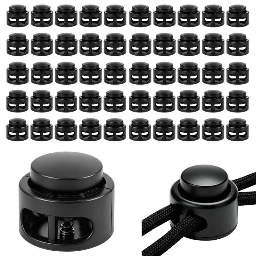 ReignSword 50 Pcs Double Hole Cord Locks for Drawstring, Plastic Spring Cord Lock Toggle Stopper for Paracord Shoelaces Hoodie Pants Bag Drawstring Replacement (18 x 16 mm)