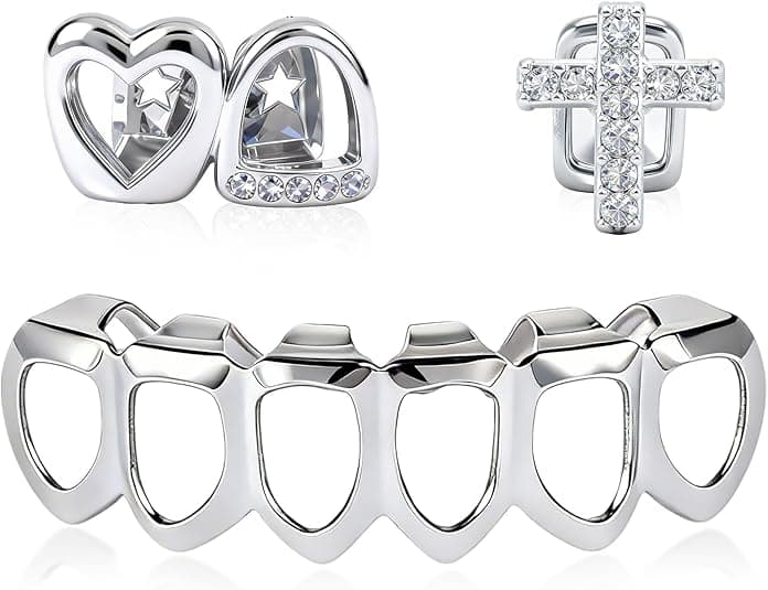 ReignSword 3 Pcs Silver Teeth Grillz Set for Women Men, Heart Cross Star & Plain Hollow CZ Grill Caps, Adjustable Custom Fit, Hip Hop Jewelry for Parties, Halloween & Daily Wear