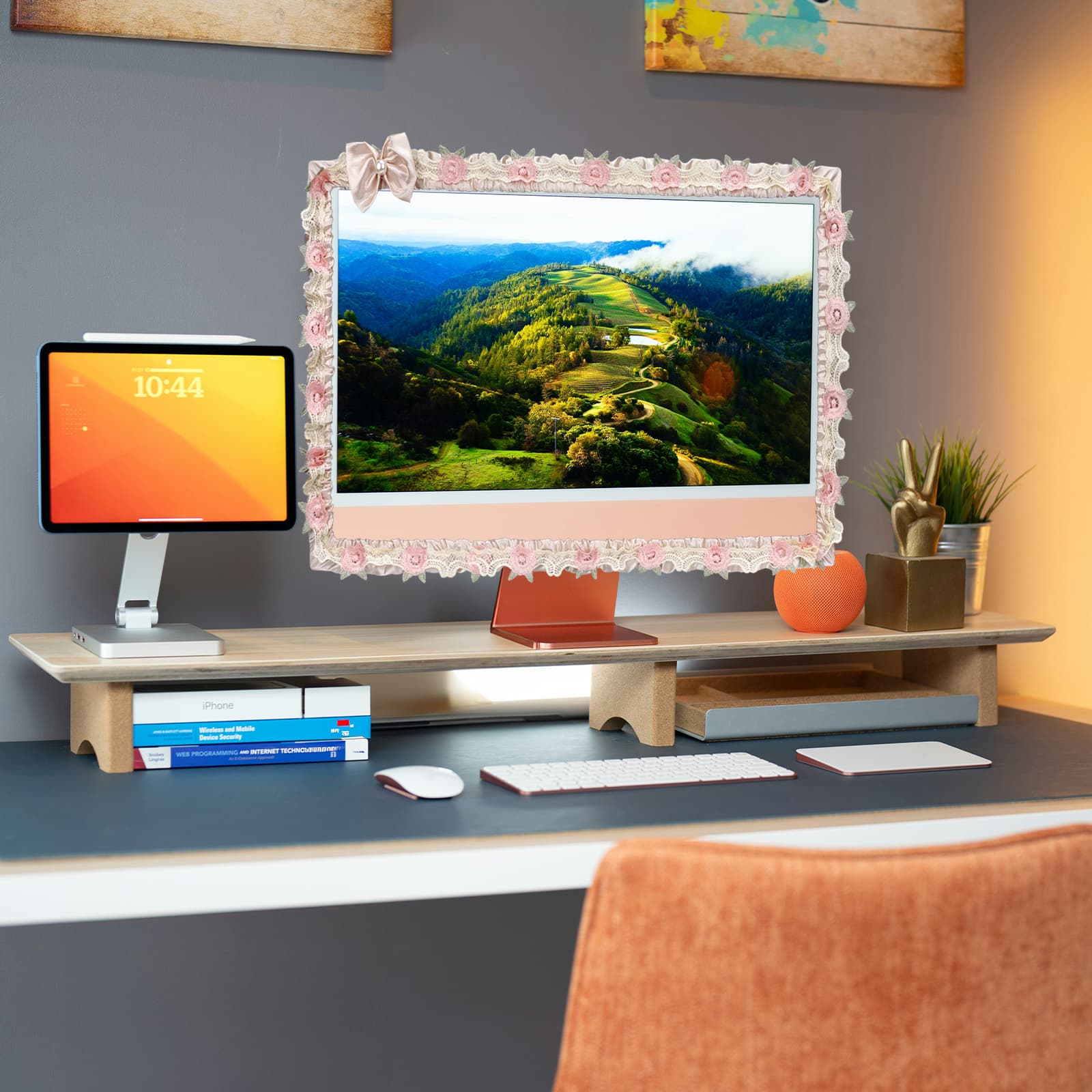 ReignSword 2 Pcs 27''-30'' Cute Computer Monitor Cover with Bow Tie, Lovely Computer Accessories with Lace Design, Monitor Dust Cover Protector (Beige) - 4