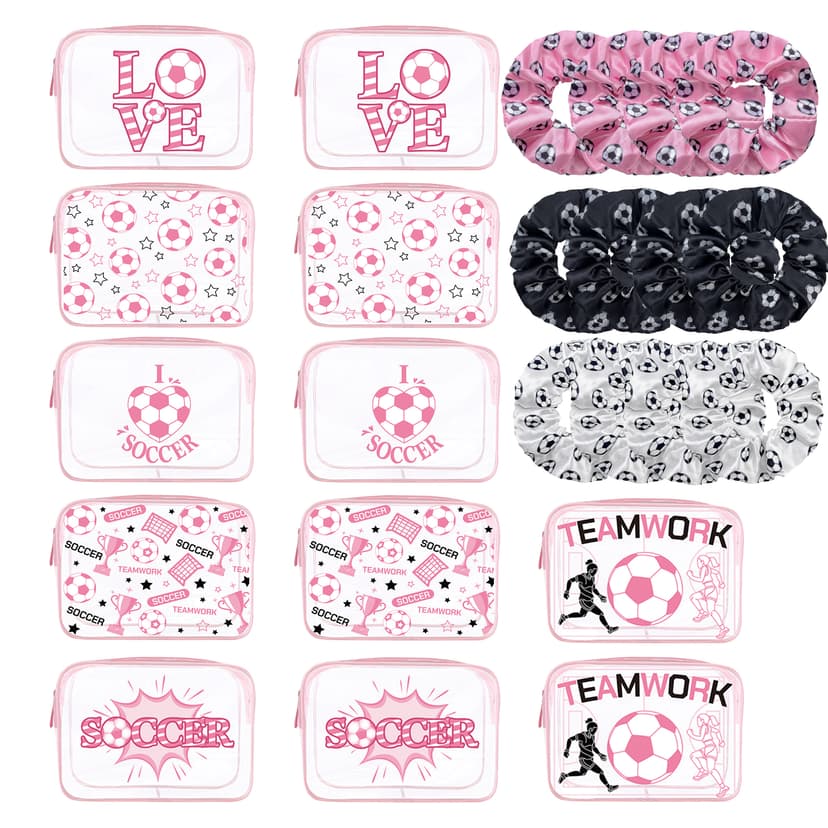 ReignSword 24 Pack Soccer Team Gifts for Girls, 12 Pink Clear PVC Soccer Cosmetic Bags, 12 Sport Hair Scrunchies for Sports Team Accessories Coach Soccer Party Supplies