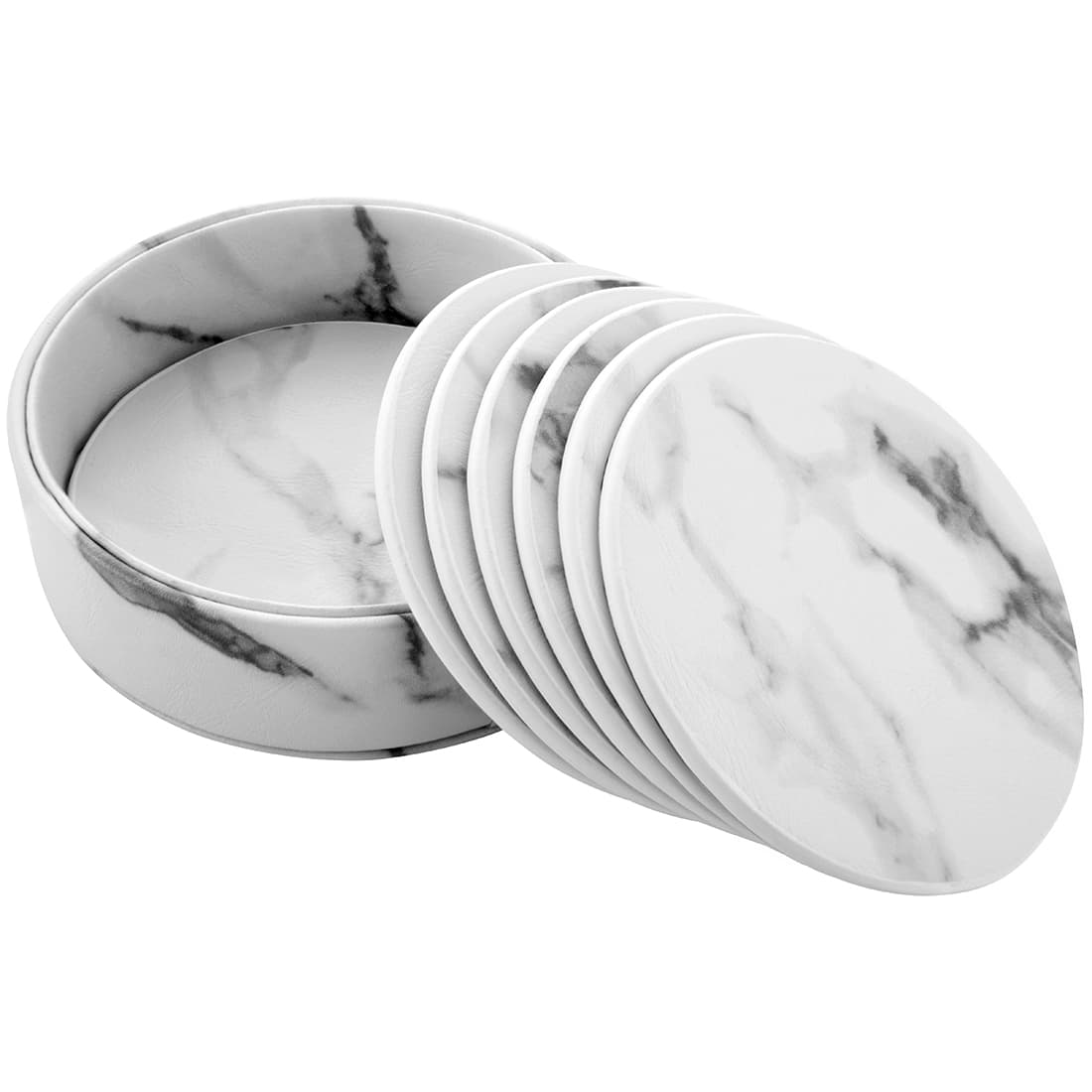 ReignSword Round Coaster with Holder, Vegan Leather Drink Coasters Set of 6, Non-Slip Cup Mug Mat Pad for Tabletop & Coffee Table (White) - 1