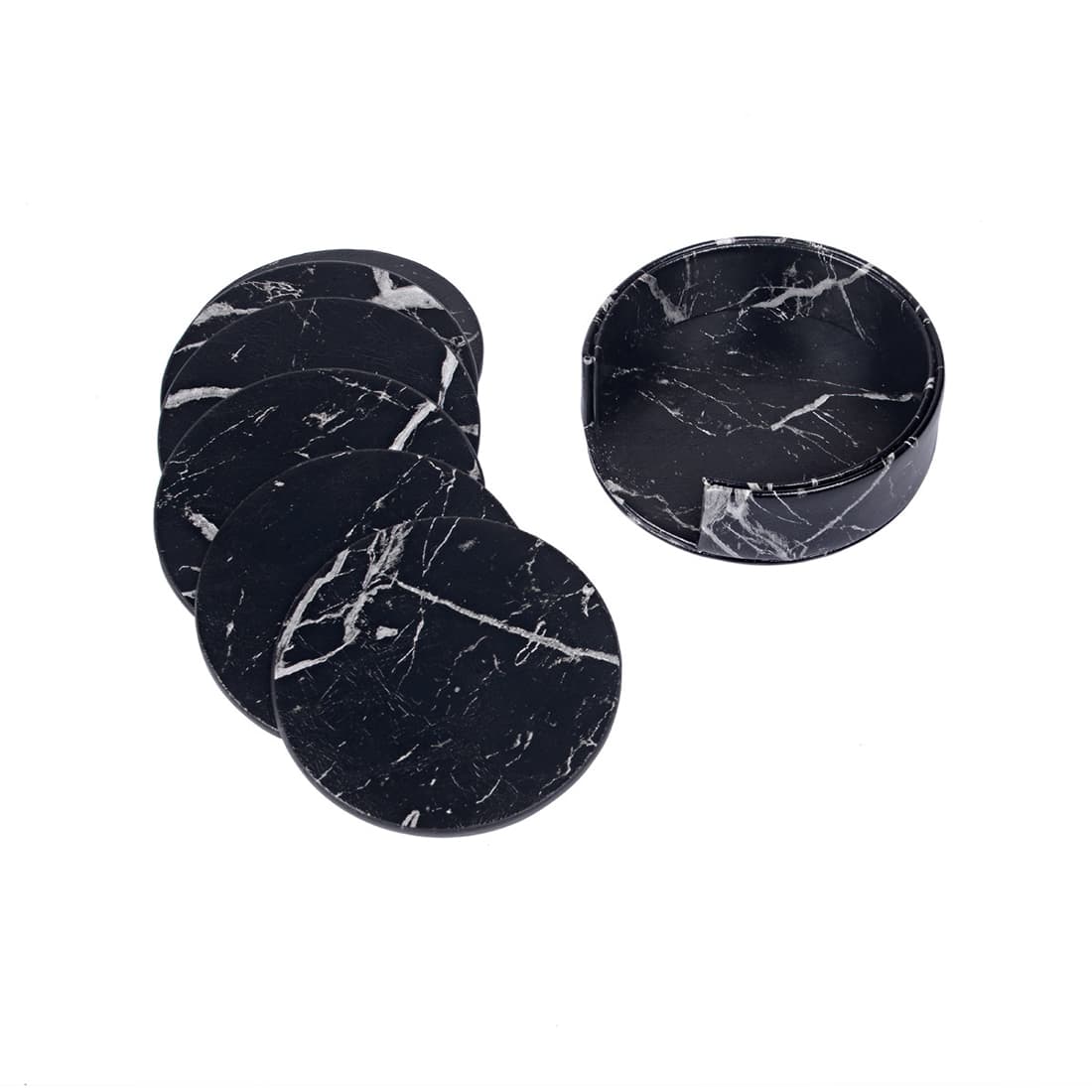 ReignSword Round Coaster with Holder, Vegan Leather Drink Coasters Set of 6, Non-Slip Cup Mug Mat Pad for Tabletop & Coffee Table (Black) - 2