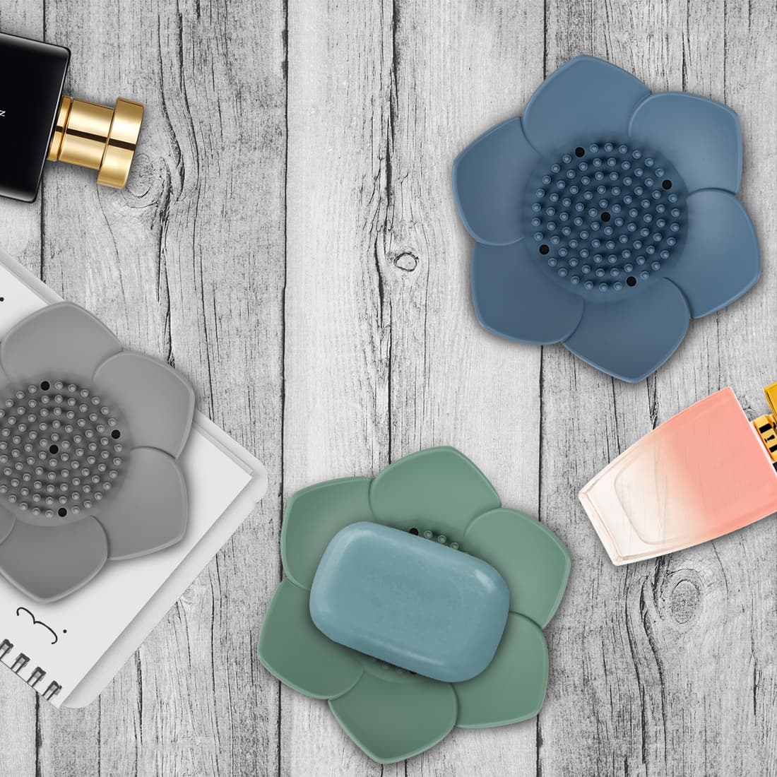 3 Pack Soap Dish Holder, Bar Soap Tray with Drain, Lotus Silicone Soap Saver Case for Shower Bathroom (Blue, Green, Grey) - 5