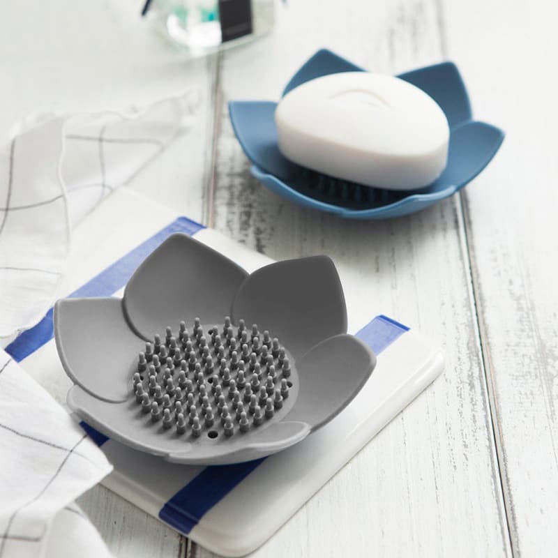 3 Pack Soap Dish Holder, Bar Soap Tray with Drain, Lotus Silicone Soap Saver Case for Shower Bathroom (Blue, Green, Grey) - 3