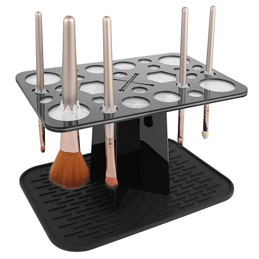 28 Hole Makeup Brush Drying Rack with Mat Keep Countertop Drying, Folding Makeup Brush Holder, Air Tree Tower Stand Organizer Comes with Mat