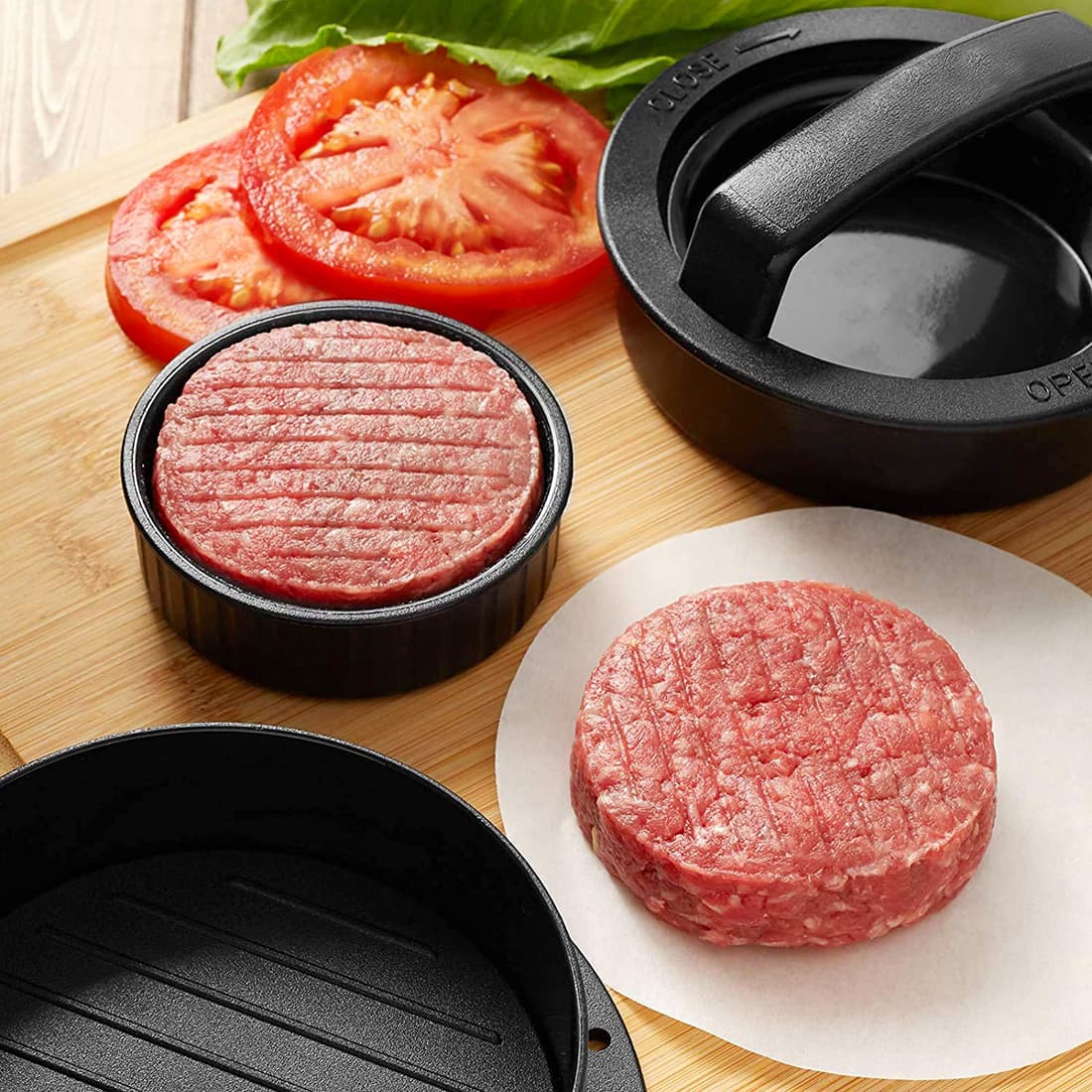 ReignSword Burger Press with Wax Patty Papers, 3-in-1 Non-Stick Hamburger Press Patty Maker, Different Sizes Hamburger Patty Press Mold for Stuffed Burger, Regular Burger Patties - 4