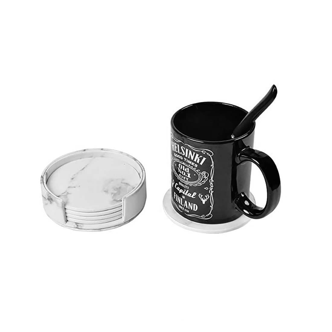 ReignSword Round Coaster with Holder, Vegan Leather Drink Coasters Set of 6, Non-Slip Cup Mug Mat Pad for Tabletop & Coffee Table (White) - 4