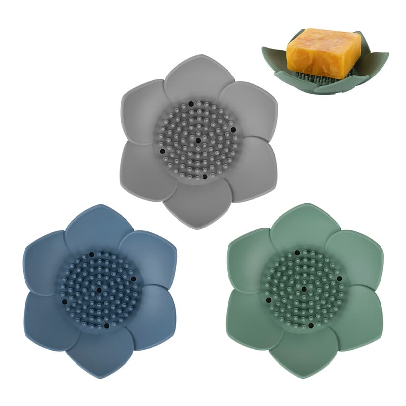 3 Pack Soap Dish Holder, Bar Soap Tray with Drain, Lotus Silicone Soap Saver Case for Shower Bathroom (Blue, Green, Grey)