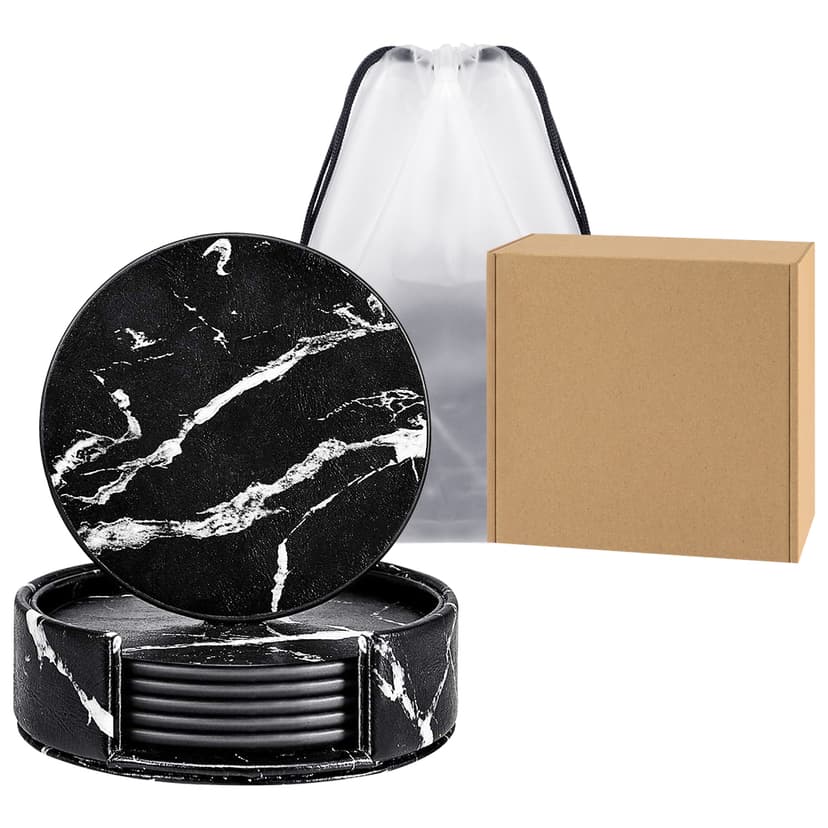 ReignSword Round Coaster with Holder, Vegan Leather Drink Coasters Set of 6, Non-Slip Cup Mug Mat Pad for Tabletop & Coffee Table (Black)