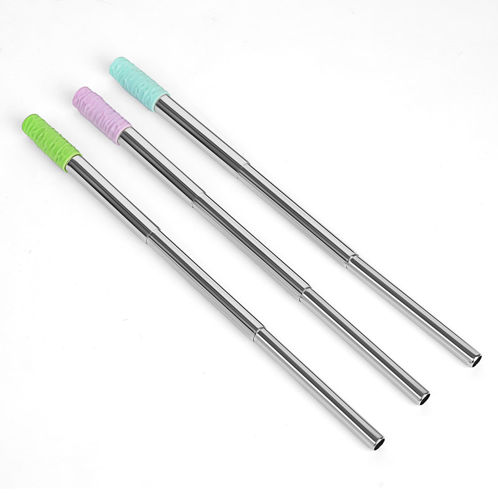 ReignSword 3 Pack Reusable Collapsible Straws with Silicone Tip, Telescopic Portable Stainless Steel Reusable Keychain Drinking Straws with Case, Cleaning Brush, for Travel, School, Picnic - 2