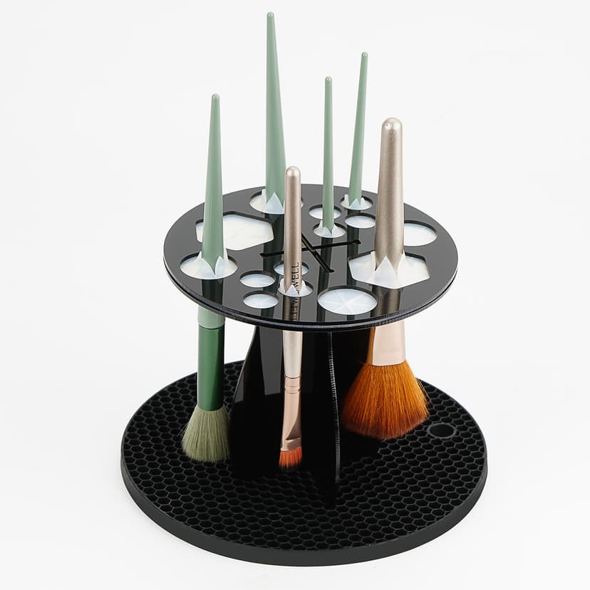 ReignSword 14 Hole Makeup Brush Drying Rack with Mat, Detachable Acrylic Makeup Brush Holder, Air Tree Tower Stand Organizer Tray (Black)