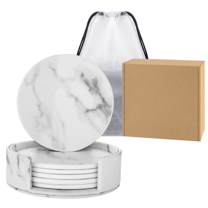ReignSword Round Coaster with Holder, Vegan Leather Drink Coasters Set of 6, Non-Slip Cup Mug Mat Pad for Tabletop & Coffee Table (White)