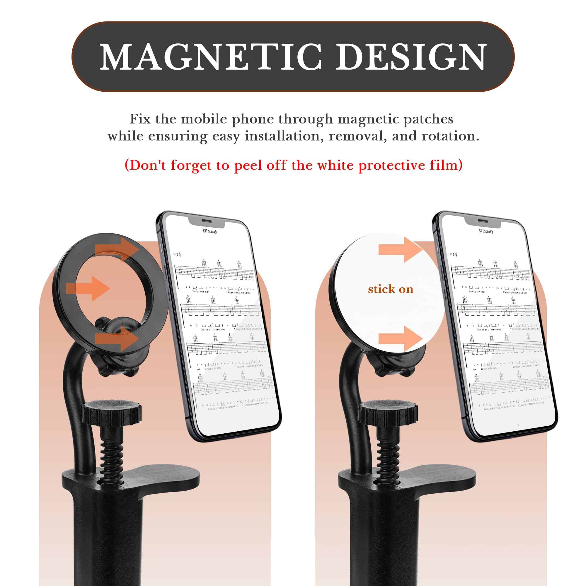 ReignSword Magnetic Guitar Phone Holder With Guitar Pick Display Holder, Adjustable & Rotatable Phone Mount for Live Streaming, Compatible with iPhone 16 15 14 13 12 Series - 2
