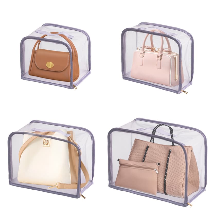 ReignSword 4 PC Dust Bags for Handbag, Clear Handbag Storage Organizer for Closet, Purse Protector Storage Bag, Purse Storage Bag with Zipper and Handle (Purple)