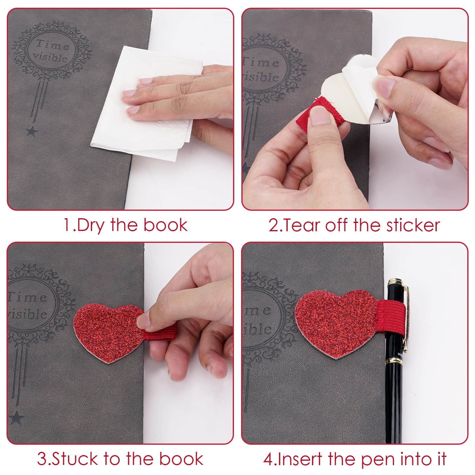 ReignSword Pen Loop Holder Set, 6 Pieces Self-Adhesive Pencil Holder Elastic Design for Notebooks, Elastic Loop Love Pen Holder (Red, Blue, Pink) - 3