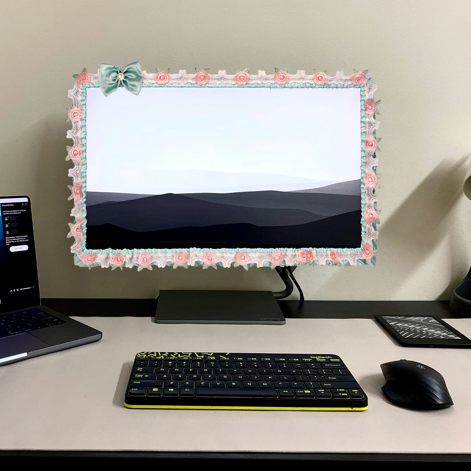 ReignSword 2 Pcs 23''-26'' Cute Computer Monitor Cover with Bow Tie, Lovely Computer Accessories with Lace Design, Monitor Dust Cover Protector (Blue) - 4