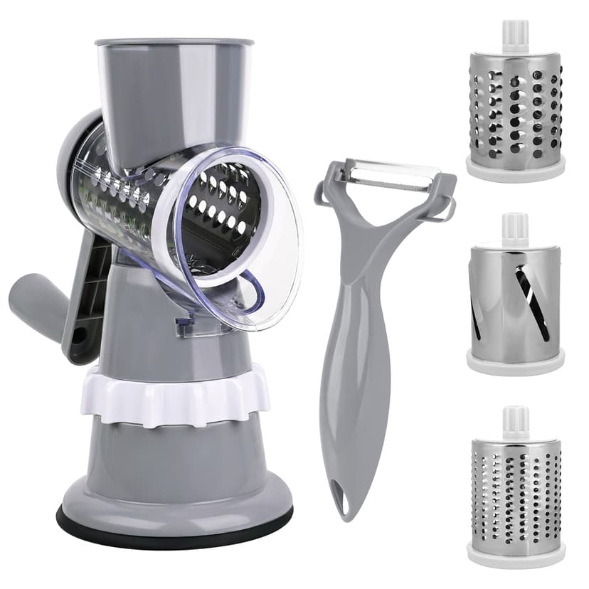 ReignSword Rotary Cheese Grater Hand Crank with Peeler, Cheese Shredder with 3 Stainless Steel Changeable Blades, Kitchen Food Slicer with Non-Slip Suction Base for Cheese Fruit Vegetables Nuts (Gray)