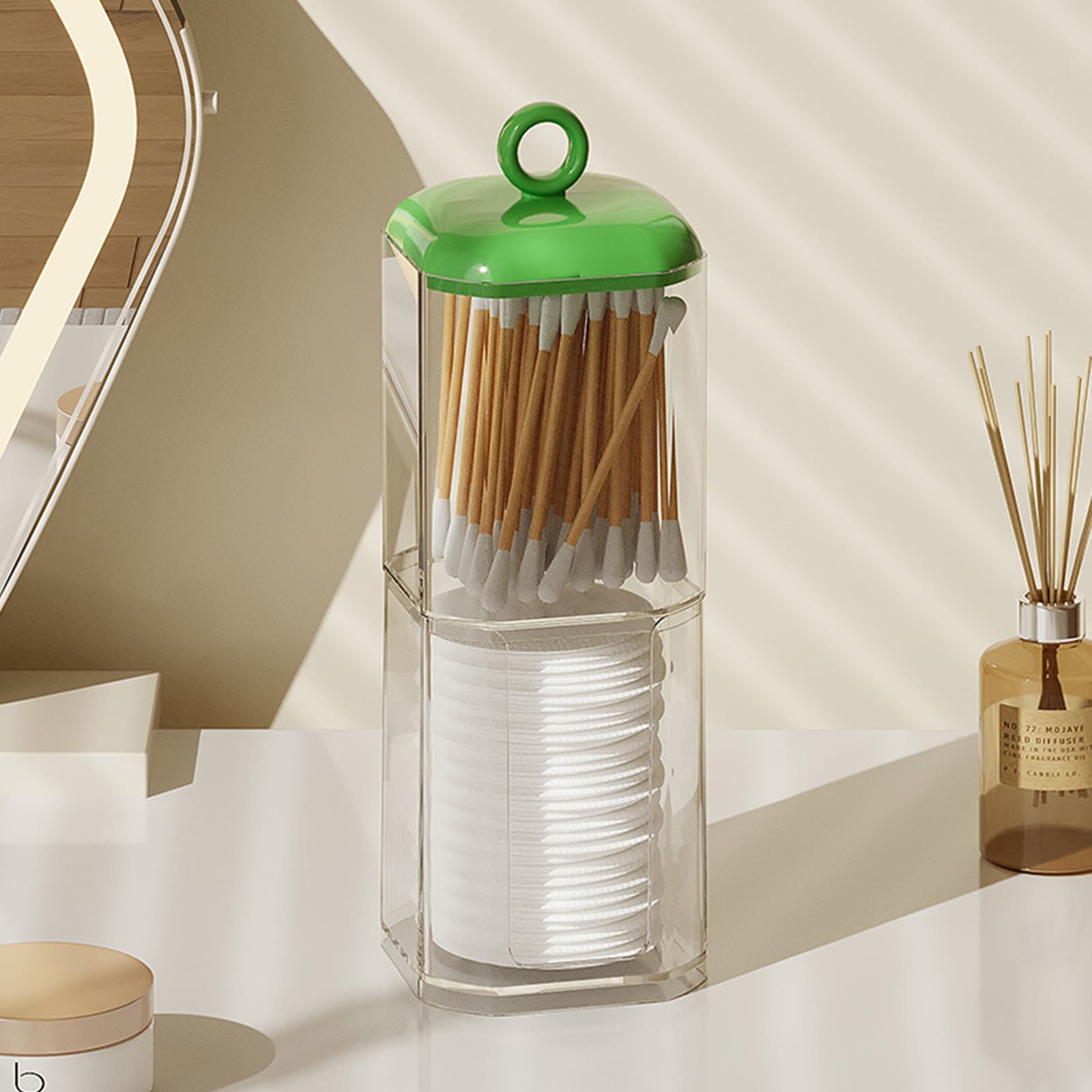 ReignSword Double Layer Cotton Swab Holder Dispenser, Plastic Storage Containers with Lid for Bathroom Vanity Countertop, Clear Bathroom Canisters for Cotton Swab, Ball, Cotton Pad (Green) - 5